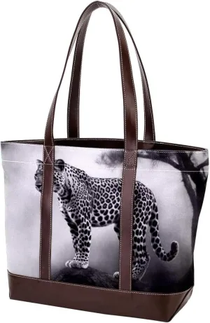 The Tote Bag For Women,Tote Bag With Zipper,Canvas Tote Bag,Black Gray Fog Leopard Handbags