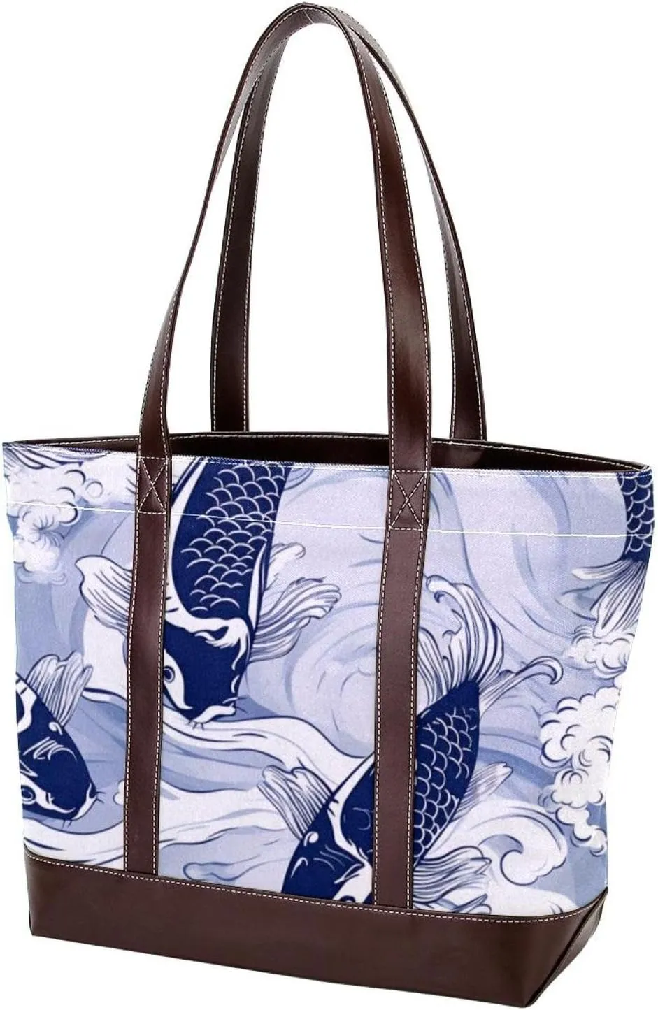 The Tote Bag For Women,Tote Bag With Zipper,Canvas Tote Bag,Blue Fish Luck Koi Handbags