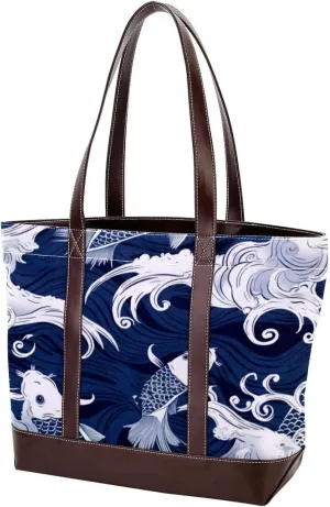 The Tote Bag For Women,Tote Bag With Zipper,Canvas Tote Bag,Blue Fish Luck Koi Handbags