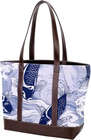 The Tote Bag For Women,Tote Bag With Zipper,Canvas Tote Bag,Blue Fish Luck Koi Handbags