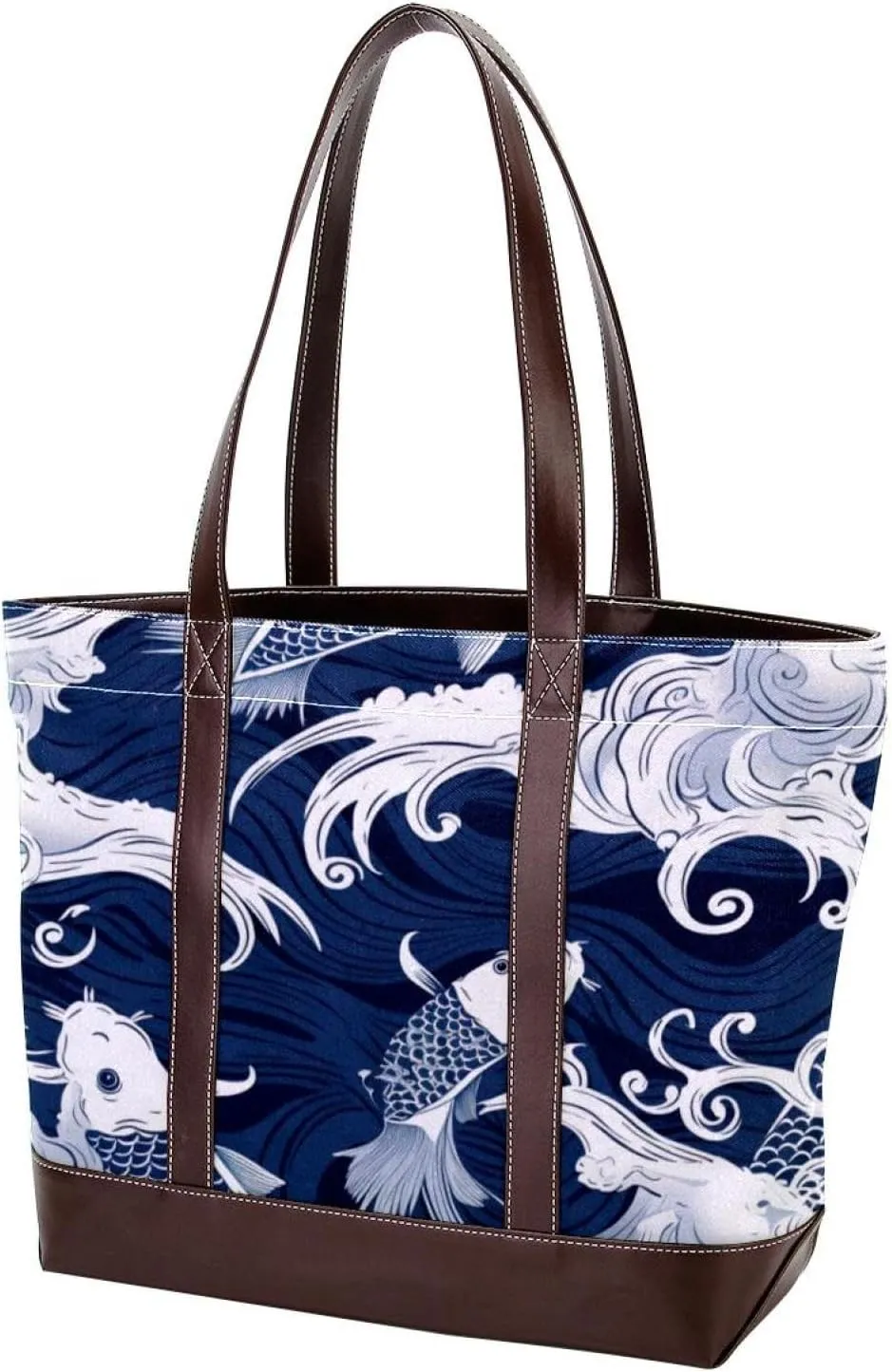 The Tote Bag For Women,Tote Bag With Zipper,Canvas Tote Bag,Blue Fish Luck Koi Handbags