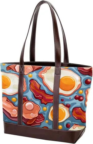 The Tote Bag For Women,Tote Bag With Zipper,Canvas Tote Bag,Breakfast Bacon and Eggs Handbags