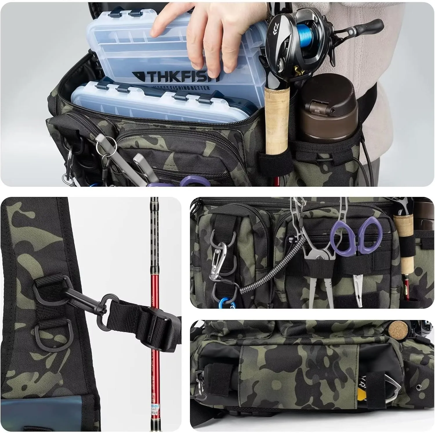 THKFISH Fishing Tackle Bag Fly Fishing Bag Sling Pack Portable Fishing fanny pack Waist Pack with D-Rings and Waist Strap Greencamo