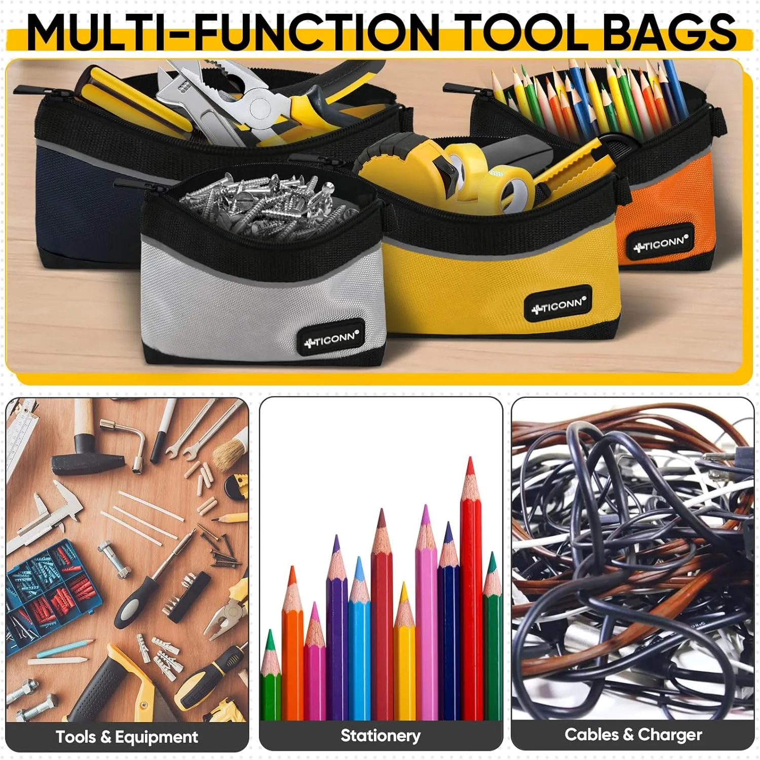 TICONN Tool Pouches with Zipper, 1680D Oxford Small Tool Bags, Waterproof Utility Bag Zipper Pouch for Tool Organizers and Storage (6 Pack Medium)