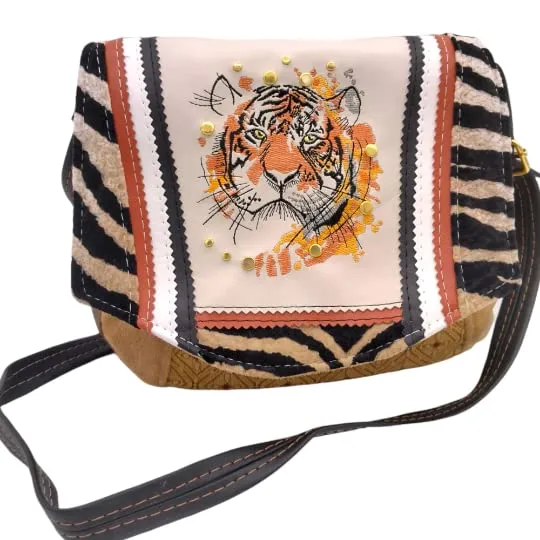 Tiger Messenger Bag, Embroidered Crossbody, Upcycled Leather Purse, Handmade Embroidered Purse