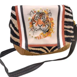 Tiger Messenger Bag, Embroidered Crossbody, Upcycled Leather Purse, Handmade Embroidered Purse