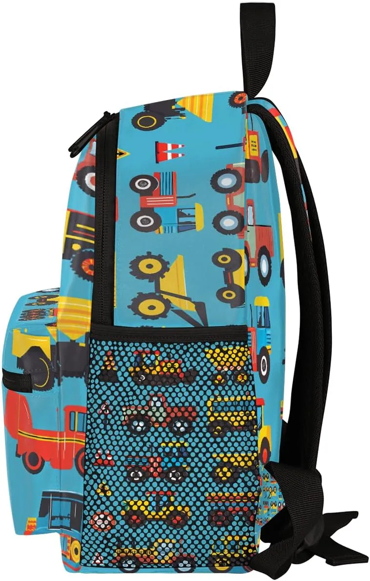 Toddler Backpack Cars Cartoon Construction Tractors Blue Kindergarden Kids Bacpack for Boys Girls Preschool Bag Bulldozers Lightweight Small Travel Rucksack Bag with Bottle Holder
