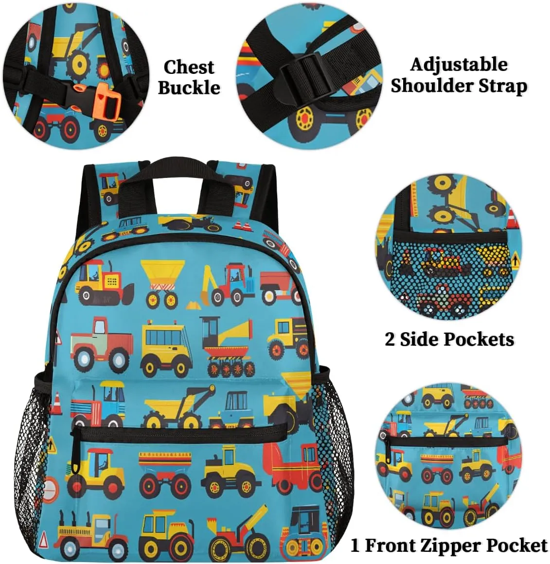 Toddler Backpack Cars Cartoon Construction Tractors Blue Kindergarden Kids Bacpack for Boys Girls Preschool Bag Bulldozers Lightweight Small Travel Rucksack Bag with Bottle Holder