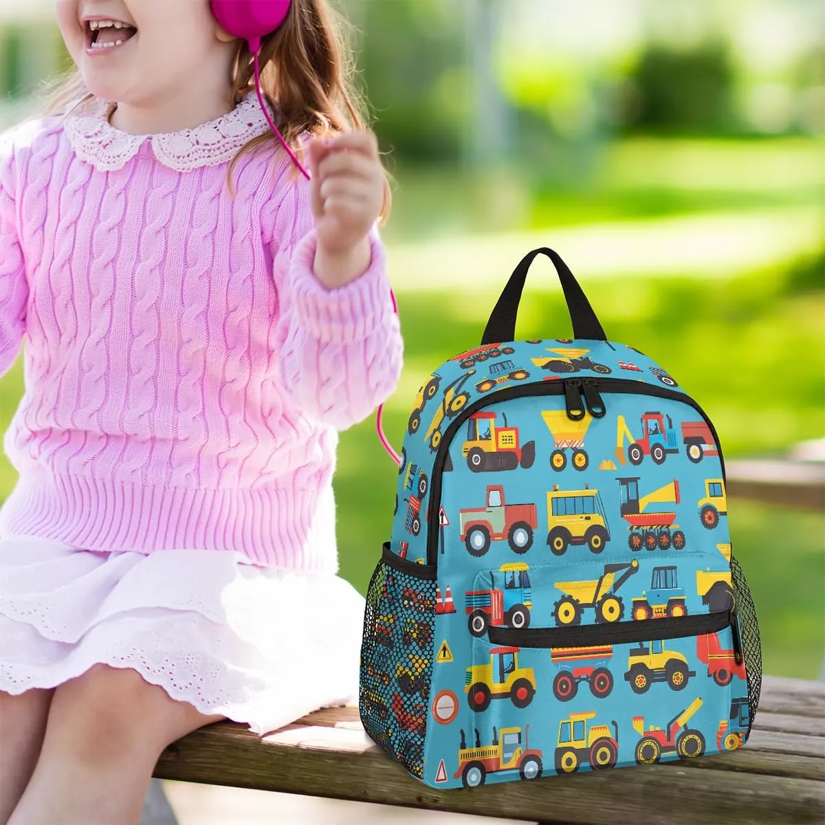 Toddler Backpack Cars Cartoon Construction Tractors Blue Kindergarden Kids Bacpack for Boys Girls Preschool Bag Bulldozers Lightweight Small Travel Rucksack Bag with Bottle Holder