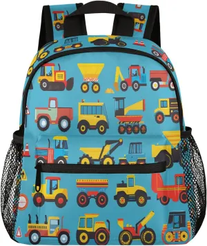 Toddler Backpack Cars Cartoon Construction Tractors Blue Kindergarden Kids Bacpack for Boys Girls Preschool Bag Bulldozers Lightweight Small Travel Rucksack Bag with Bottle Holder