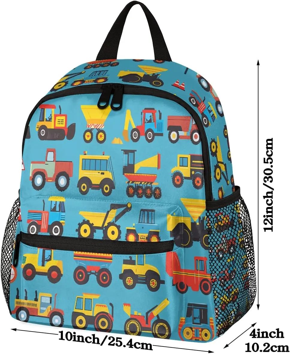 Toddler Backpack Cars Cartoon Construction Tractors Blue Kindergarden Kids Bacpack for Boys Girls Preschool Bag Bulldozers Lightweight Small Travel Rucksack Bag with Bottle Holder