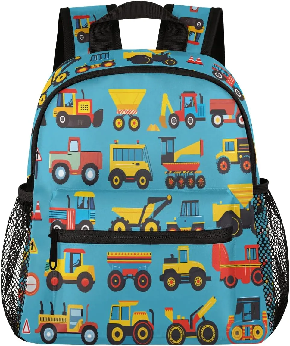 Toddler Backpack Cars Cartoon Construction Tractors Blue Kindergarden Kids Bacpack for Boys Girls Preschool Bag Bulldozers Lightweight Small Travel Rucksack Bag with Bottle Holder
