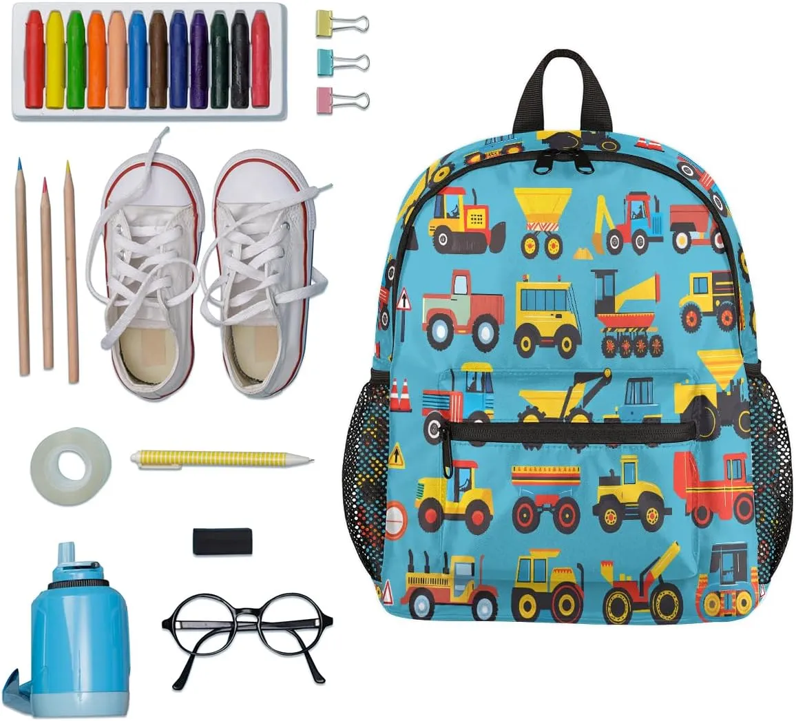 Toddler Backpack Cars Cartoon Construction Tractors Blue Kindergarden Kids Bacpack for Boys Girls Preschool Bag Bulldozers Lightweight Small Travel Rucksack Bag with Bottle Holder