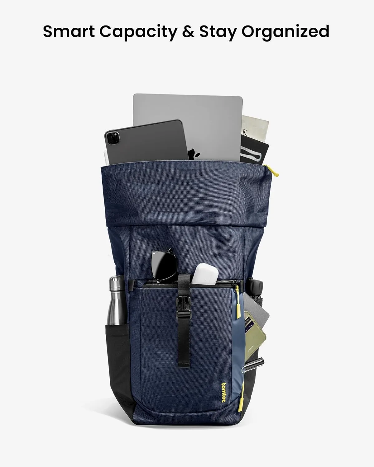 tomtoc Roll Top Laptop Backpack, Lightweight, Water-Resistant Commute Expandable Casual Daypack for 13-15.6 inch Laptop, Rucksack for Work College Trip, Capacity Adjustable 17-20L, Dark Blue