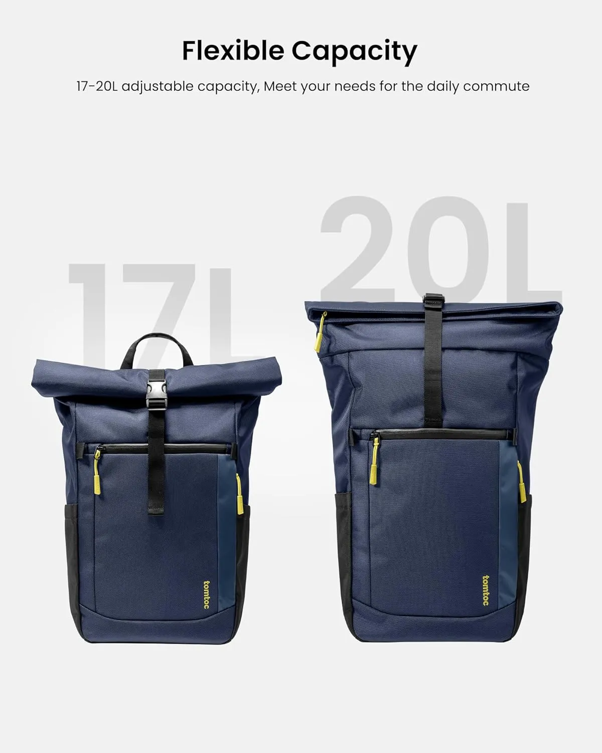 tomtoc Roll Top Laptop Backpack, Lightweight, Water-Resistant Commute Expandable Casual Daypack for 13-15.6 inch Laptop, Rucksack for Work College Trip, Capacity Adjustable 17-20L, Dark Blue