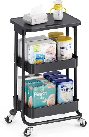 TOOLF 3-Tier Metal Rolling Utility Cart with Tabletop, Serving Rolling Storage Cart with Handle, Trolley Organizer for Library Office Classroom Home Bedroom, Light White (Pure Black)