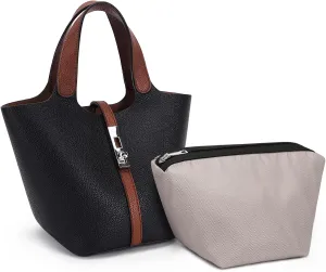 Top Handle Bag for Women Vegan Leather Bucket Bag for Women Shoulder Purse Satchel with Detachable Small Purse