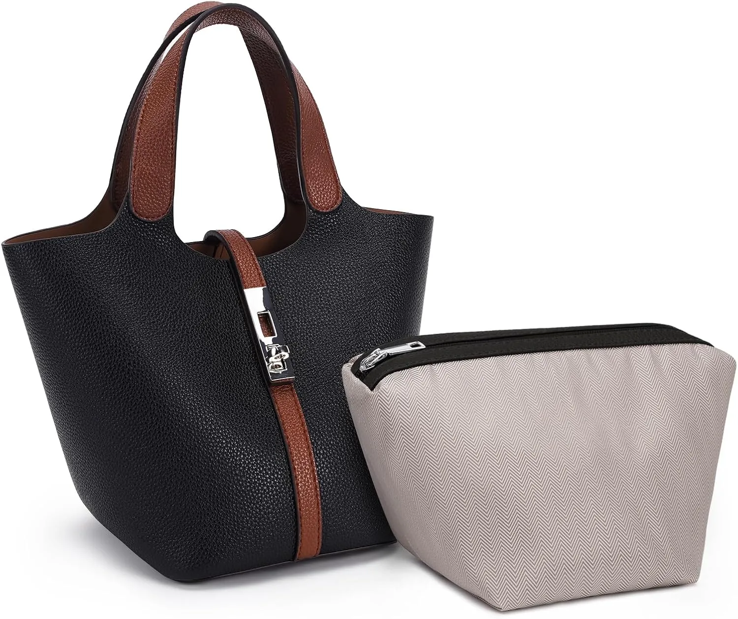 Top Handle Bag for Women Vegan Leather Bucket Bag for Women Shoulder Purse Satchel with Detachable Small Purse