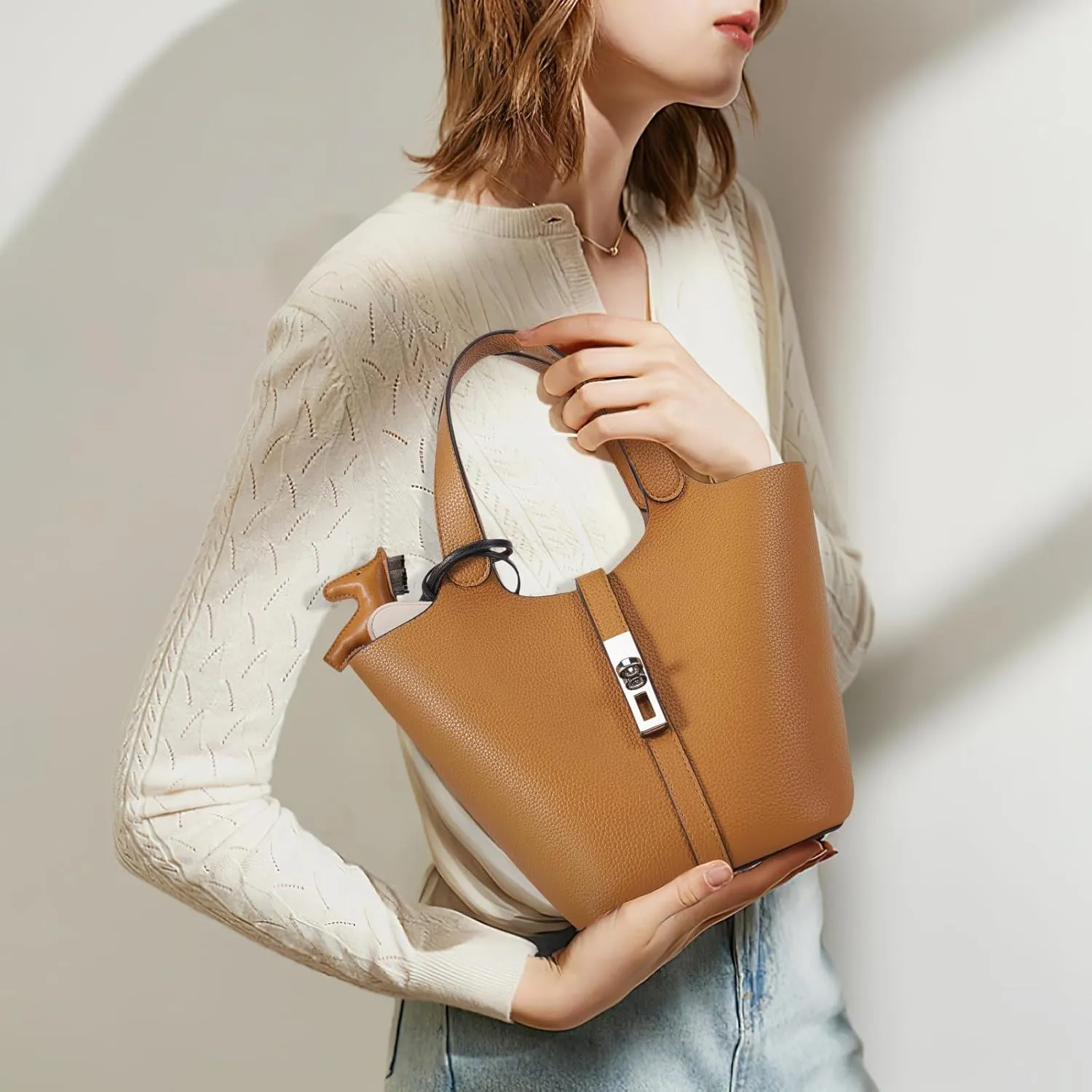Top Handle Bag for Women Vegan Leather Bucket Bag for Women Shoulder Purse Satchel with Detachable Small Purse