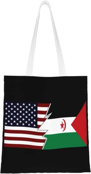Torn Style American And The Sahrawi Arab Democratic Republic Flags Tote Bag for Women Canvas Shopping Bags Reusable Large Capacity Casual Shoulder Handbags Grocery Bags
