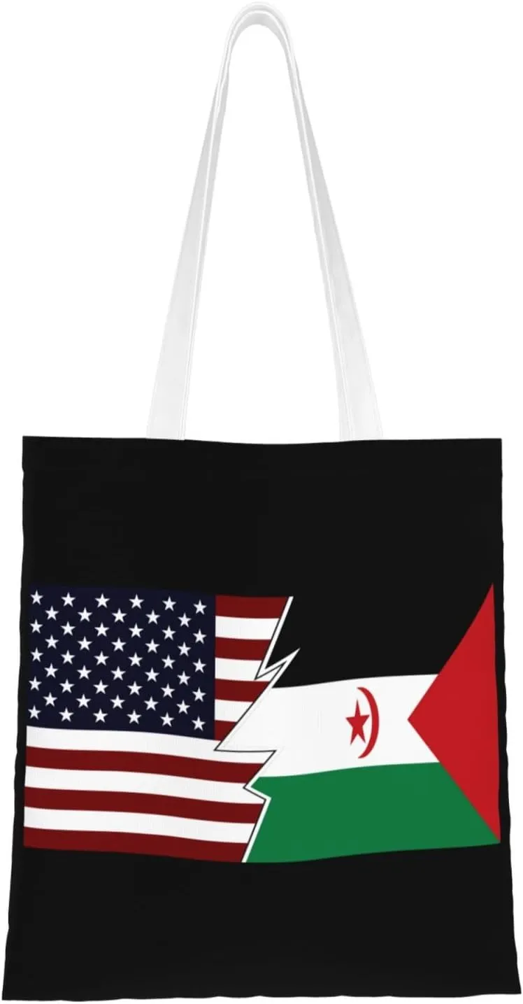Torn Style American And The Sahrawi Arab Democratic Republic Flags Tote Bag for Women Canvas Shopping Bags Reusable Large Capacity Casual Shoulder Handbags Grocery Bags