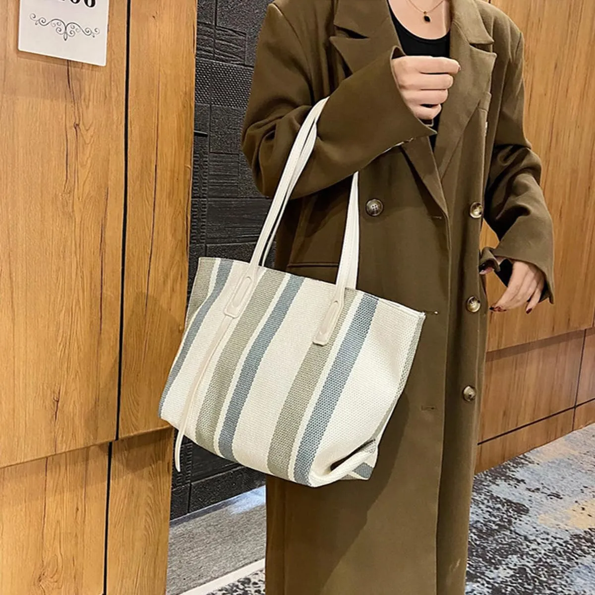 Tote Bag For Women Tote Bag With Zipper Work Bags For Women Canvas Tote Bag Casual Stripes Handbags For Women