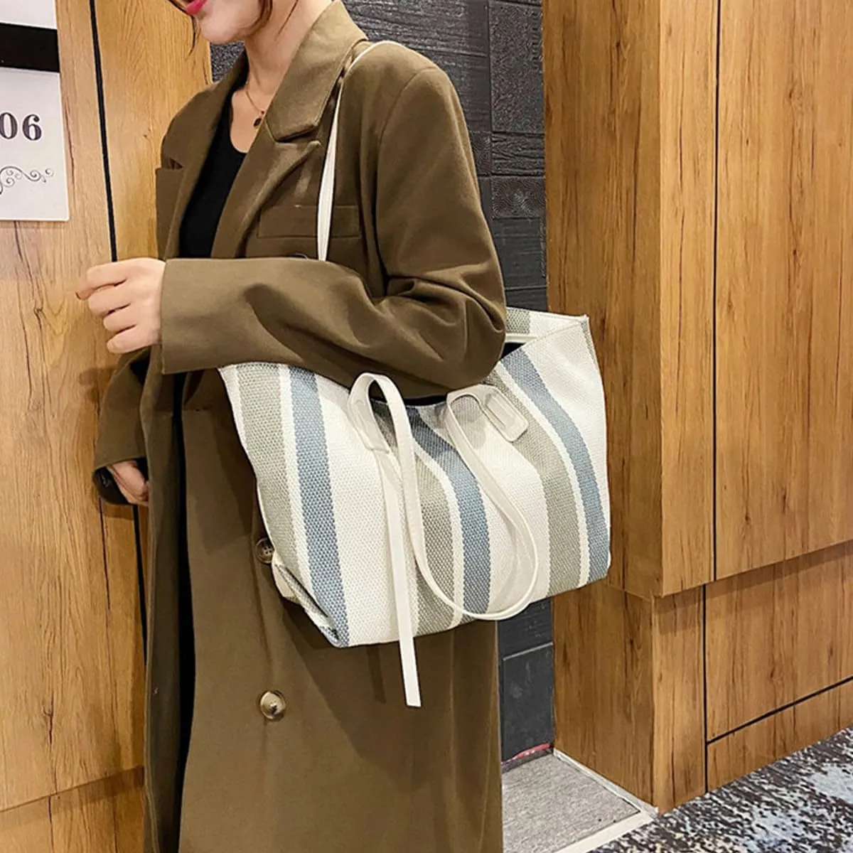 Tote Bag For Women Tote Bag With Zipper Work Bags For Women Canvas Tote Bag Casual Stripes Handbags For Women