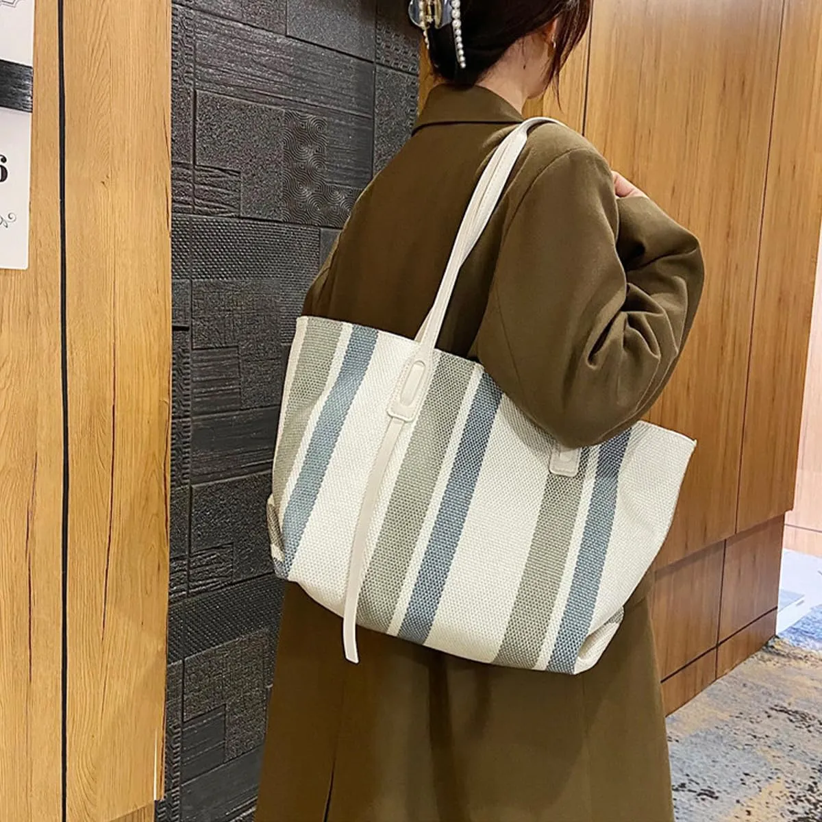 Tote Bag For Women Tote Bag With Zipper Work Bags For Women Canvas Tote Bag Casual Stripes Handbags For Women