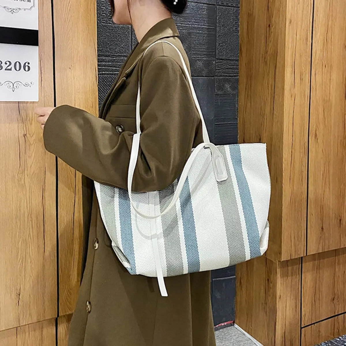 Tote Bag For Women Tote Bag With Zipper Work Bags For Women Canvas Tote Bag Casual Stripes Handbags For Women