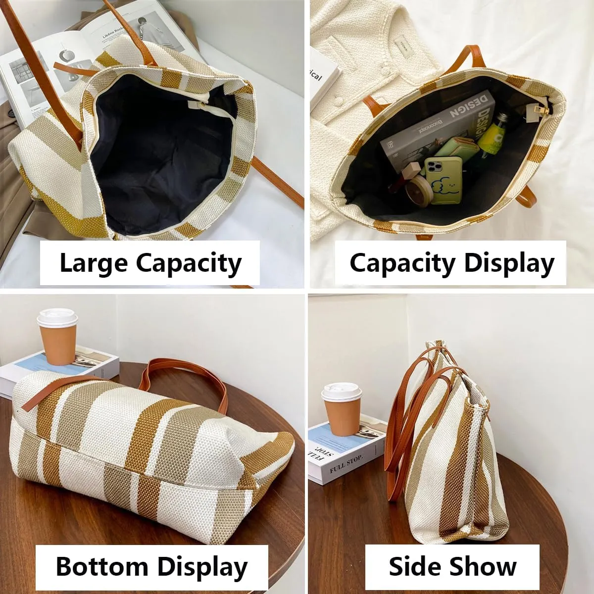 Tote Bag For Women Tote Bag With Zipper Work Bags For Women Canvas Tote Bag Casual Stripes Handbags For Women
