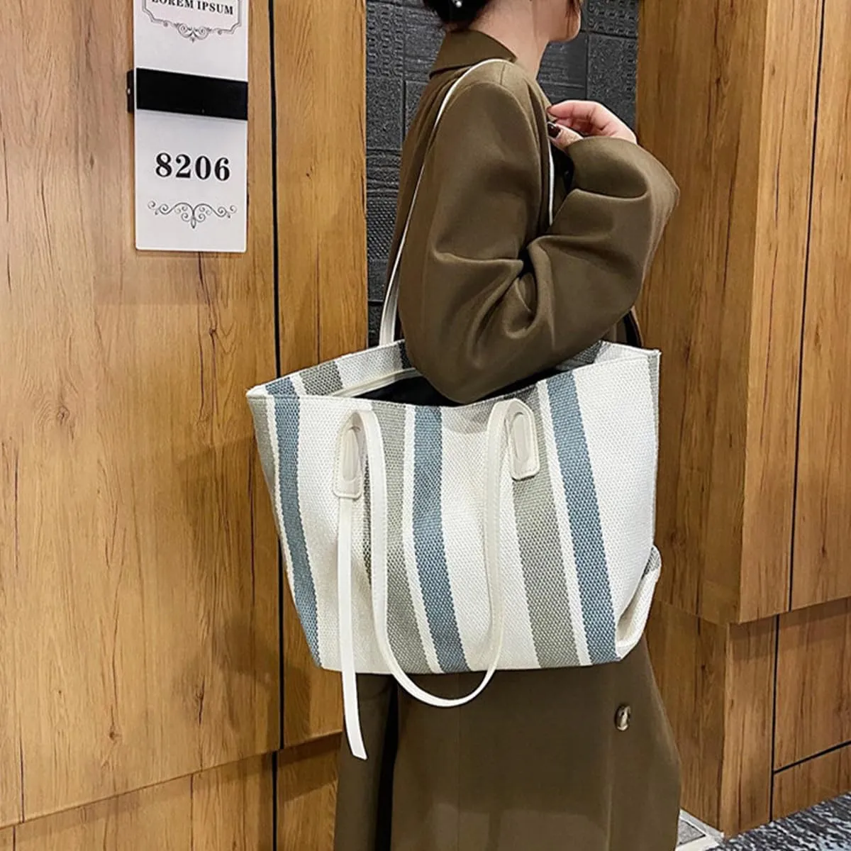 Tote Bag For Women Tote Bag With Zipper Work Bags For Women Canvas Tote Bag Casual Stripes Handbags For Women