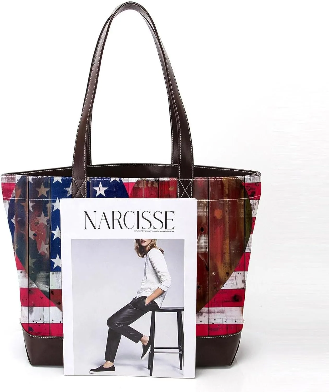 Tote Bag, Large Tote Bags for Women, Women's Tote Handbags, Planks American Flag Hearts Retro Style, Womens Tote Bag