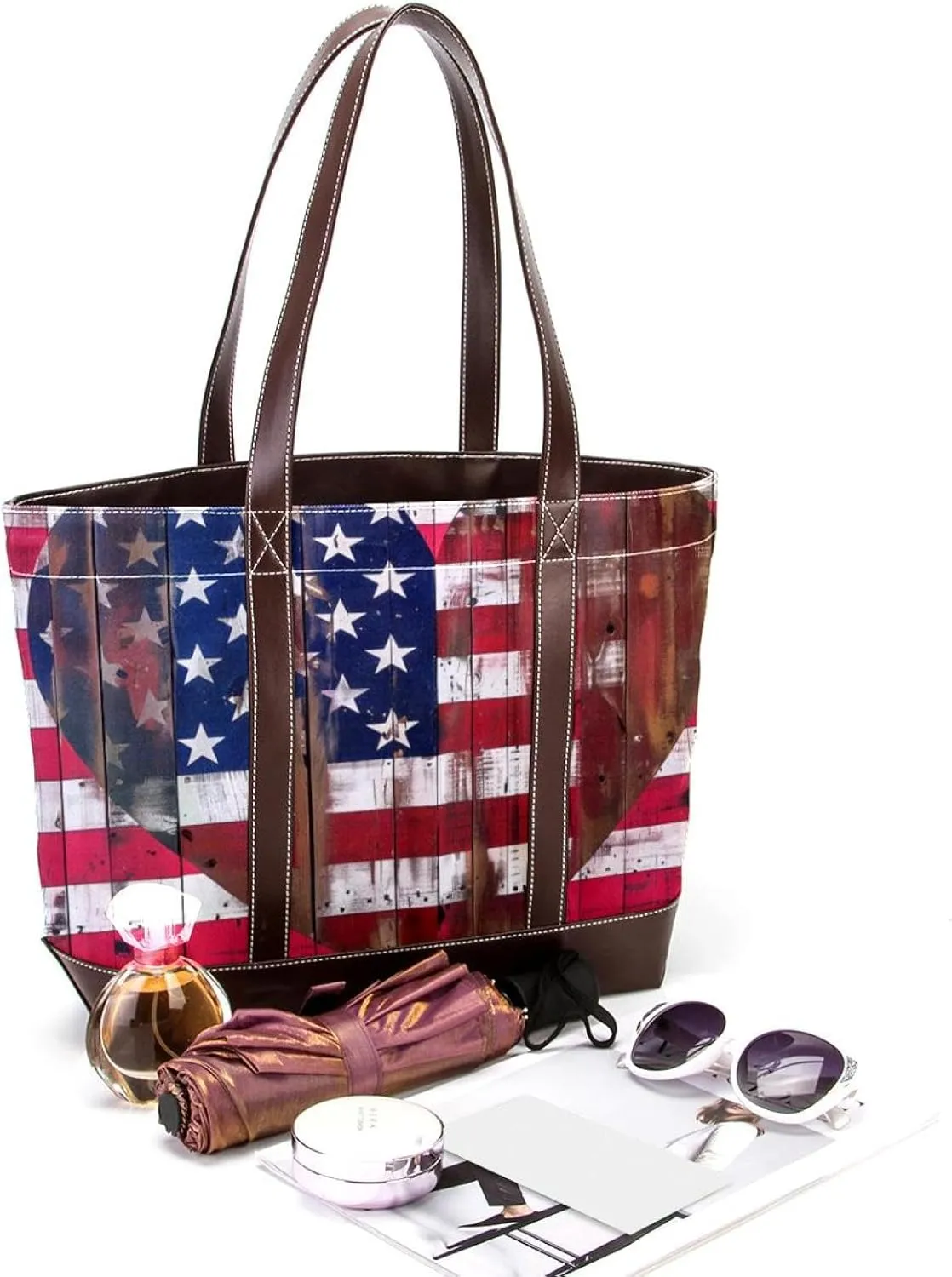 Tote Bag, Large Tote Bags for Women, Women's Tote Handbags, Planks American Flag Hearts Retro Style, Womens Tote Bag