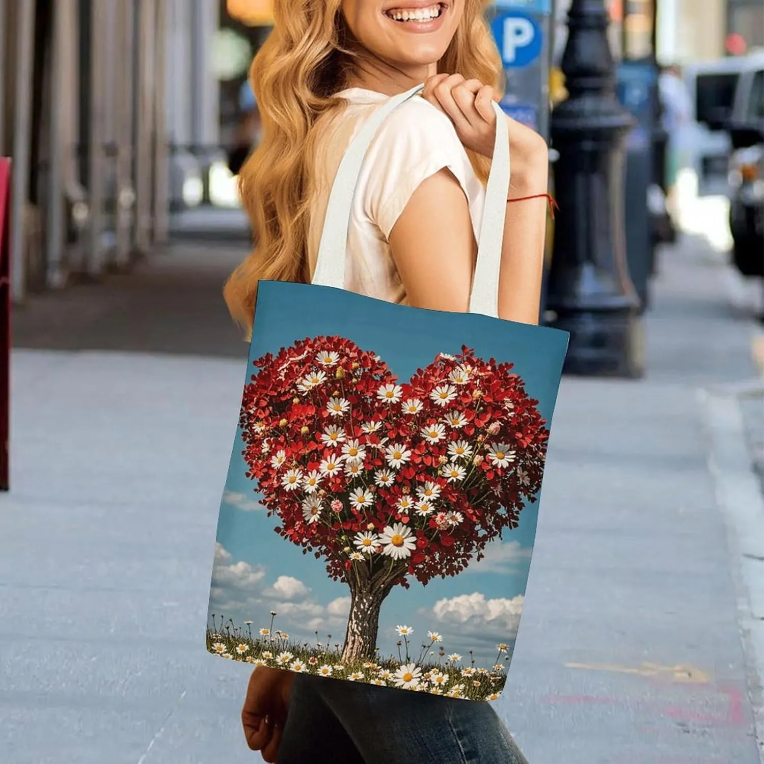Tote Bag Reusable Heart-shaped Tree Grocery Bag Canvas Shopping Bag with Inner Pocket for Women