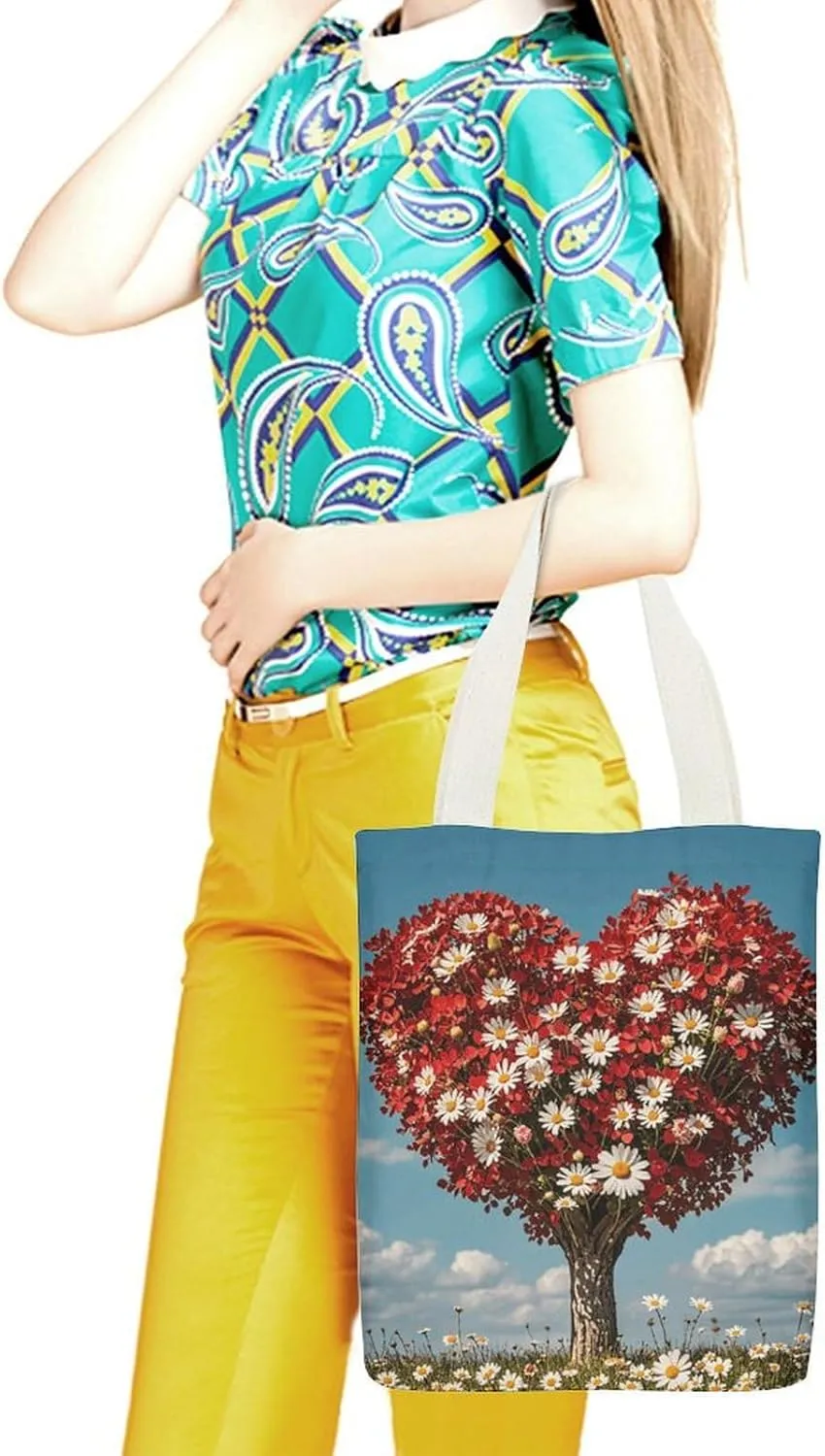 Tote Bag Reusable Heart-shaped Tree Grocery Bag Canvas Shopping Bag with Inner Pocket for Women