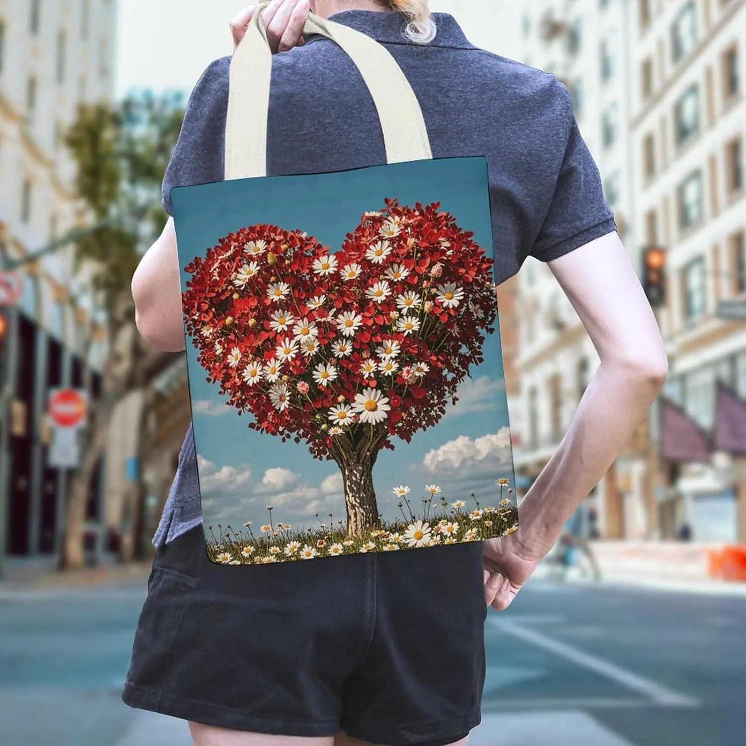 Tote Bag Reusable Heart-shaped Tree Grocery Bag Canvas Shopping Bag with Inner Pocket for Women