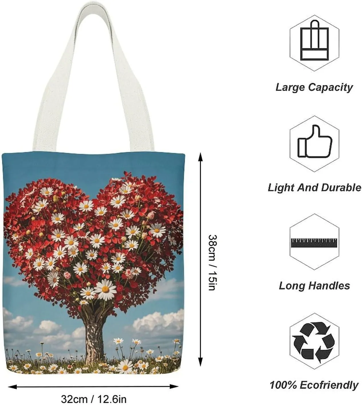 Tote Bag Reusable Heart-shaped Tree Grocery Bag Canvas Shopping Bag with Inner Pocket for Women