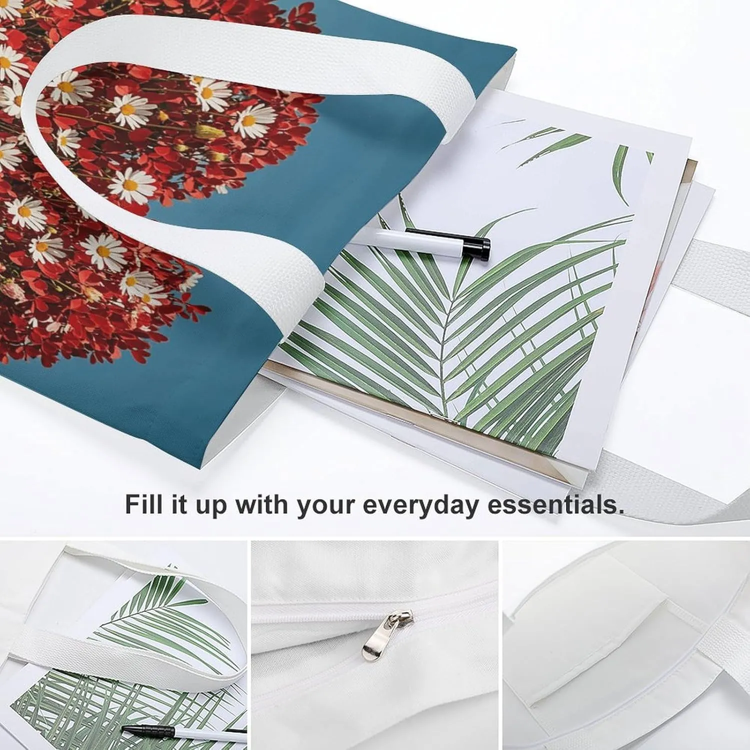 Tote Bag Reusable Heart-shaped Tree Grocery Bag Canvas Shopping Bag with Inner Pocket for Women