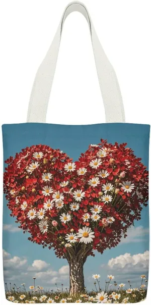 Tote Bag Reusable Heart-shaped Tree Grocery Bag Canvas Shopping Bag with Inner Pocket for Women