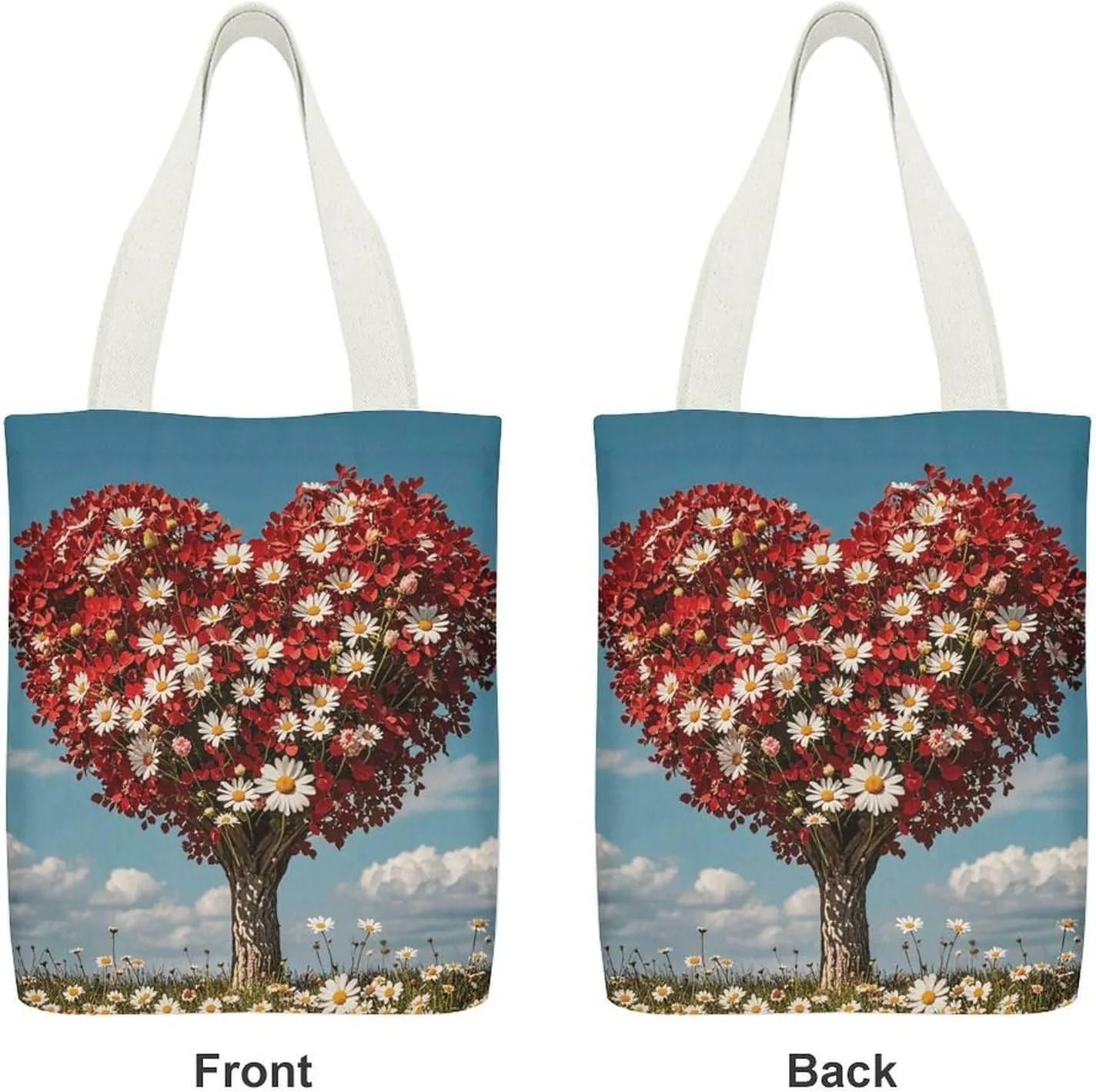 Tote Bag Reusable Heart-shaped Tree Grocery Bag Canvas Shopping Bag with Inner Pocket for Women