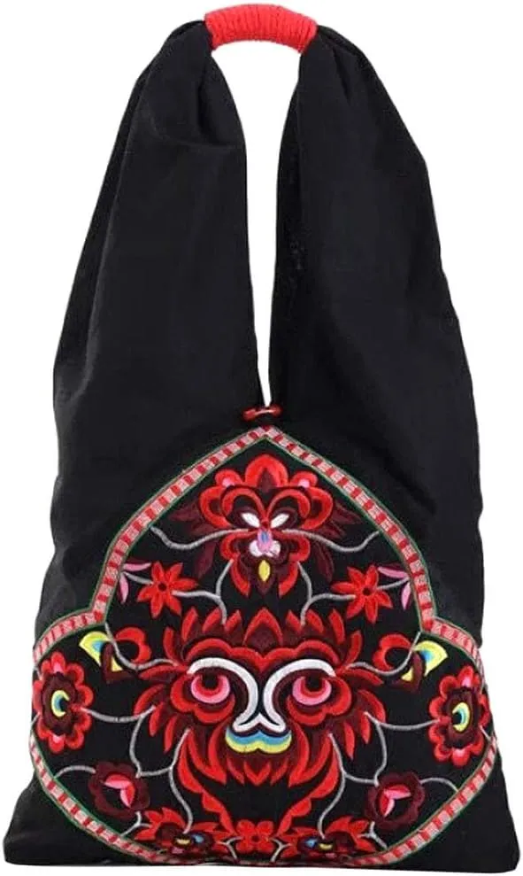 Tote Handbags Women Ethnic Style Shoulder Vintage Floral Cotton Daily Bamboo Rings Handle