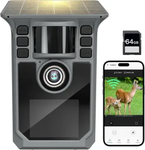Trail Camera 4K 64MP WiFi Solar Game Camera, 5000mAh Forever Power, 64GB Memory Card and Ip67 Waterproof Night Vision Trail Cam for Outdoor Wildlife Detection, Monitoring Trail Cameras