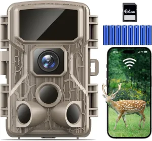 Trail Camera WiFi 4K 64MP with 64GB Memory Card 8 Batteries and Night Vision Ip67 Waterproof 130°Wide Angle 0.1s Trigger Speed, Suitable for Outdoor Wildlife Detection, Monitoring Game Cam