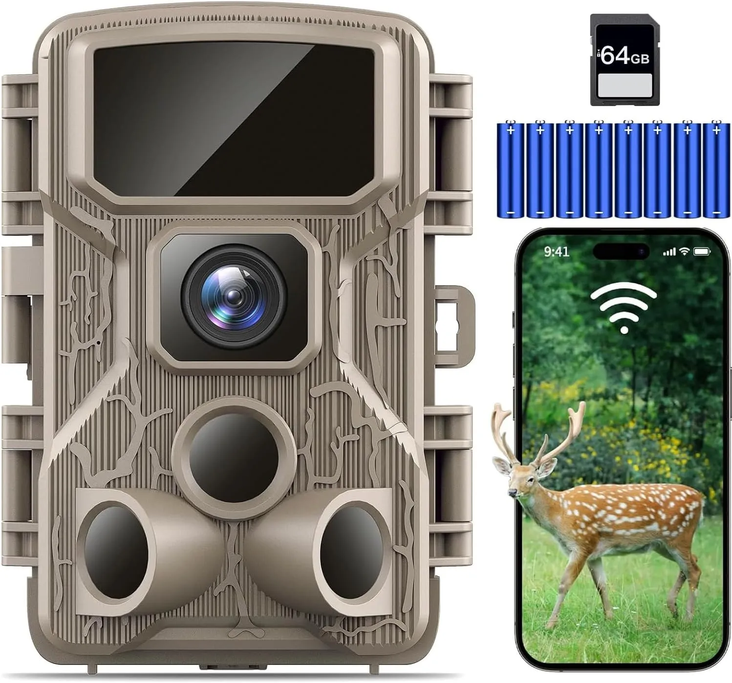 Trail Camera WiFi 4K 64MP with 64GB Memory Card 8 Batteries and Night Vision Ip67 Waterproof 130°Wide Angle 0.1s Trigger Speed, Suitable for Outdoor Wildlife Detection, Monitoring Game Cam