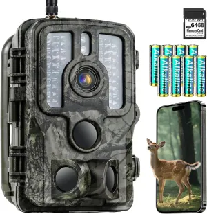 Trail Camera with Night Vision Motion Activated Waterproof, 4K 48MP WiFi Bluetooth Game Camera, 0.1s Trigger IP66 Trail Cam with App Control for Wildlife Monitoring, Deer Hunting, Security