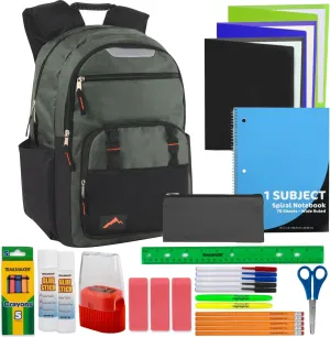 Trail maker Reflective Backpacks with 30 Piece Supplies Kits Prefilled 18 Inch Dual Compartment Backpack Sets (Green Pack Set)