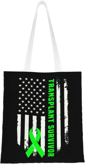 Transplant Survivor Usa Flag Tote Bag for Women Canvas Shopping Bags Reusable Large Capacity Casual Shoulder Handbags Grocery Bags DIY Gift Bags