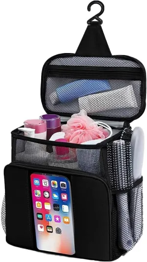 Travel Caddy Shower Organizer Bag - Large Capacity, Quick Dry and Water Resistant with Metal Hook - Portable Shower Case for Gym and Travel (Black)