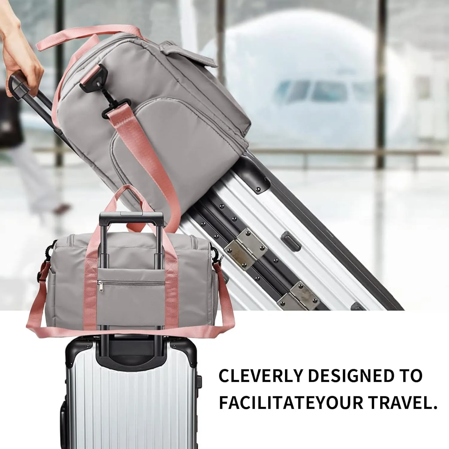 Travel Duffel Tote Bag with Dry Wet Separation Pocket, Weekender Bag for Women and Men，Waterproof Bag with Shoe Compartment Lightweight and Easy Carry on Grey