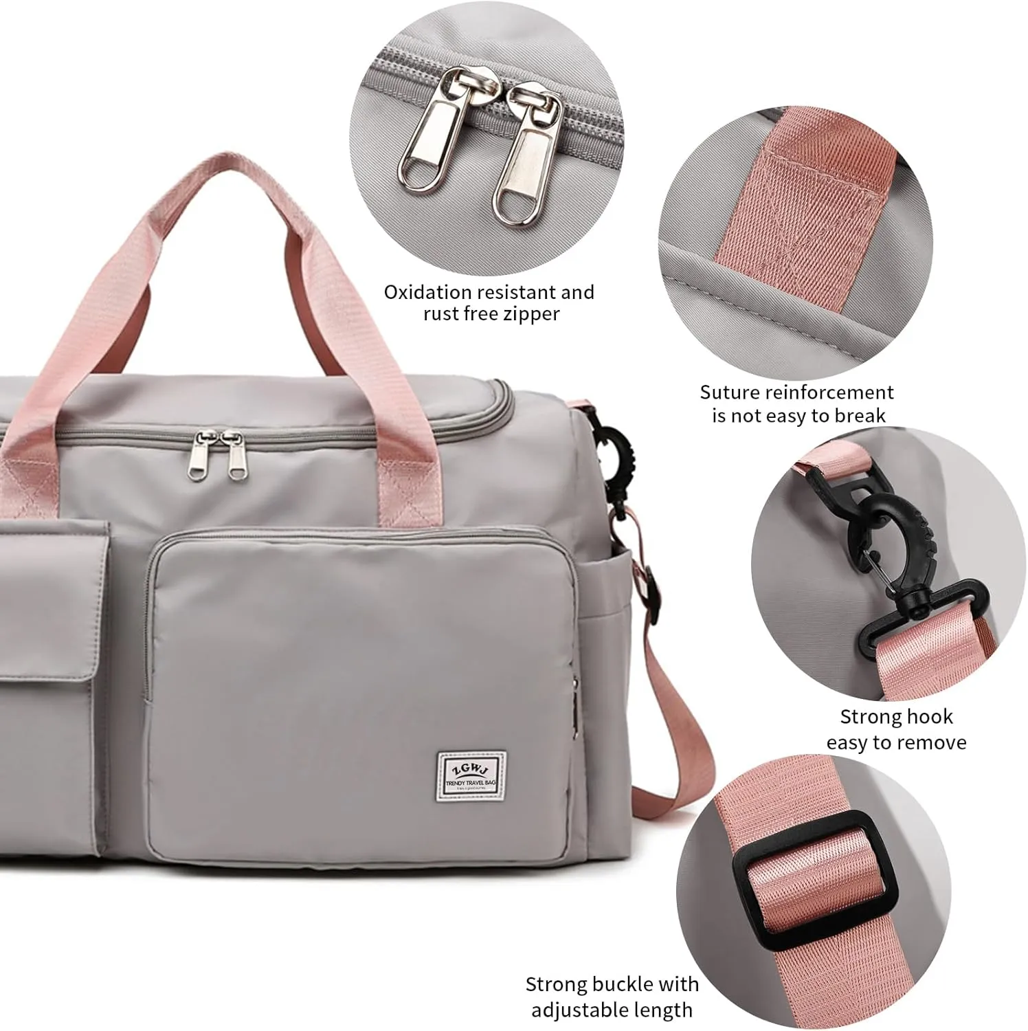 Travel Duffel Tote Bag with Dry Wet Separation Pocket, Weekender Bag for Women and Men，Waterproof Bag with Shoe Compartment Lightweight and Easy Carry on Grey